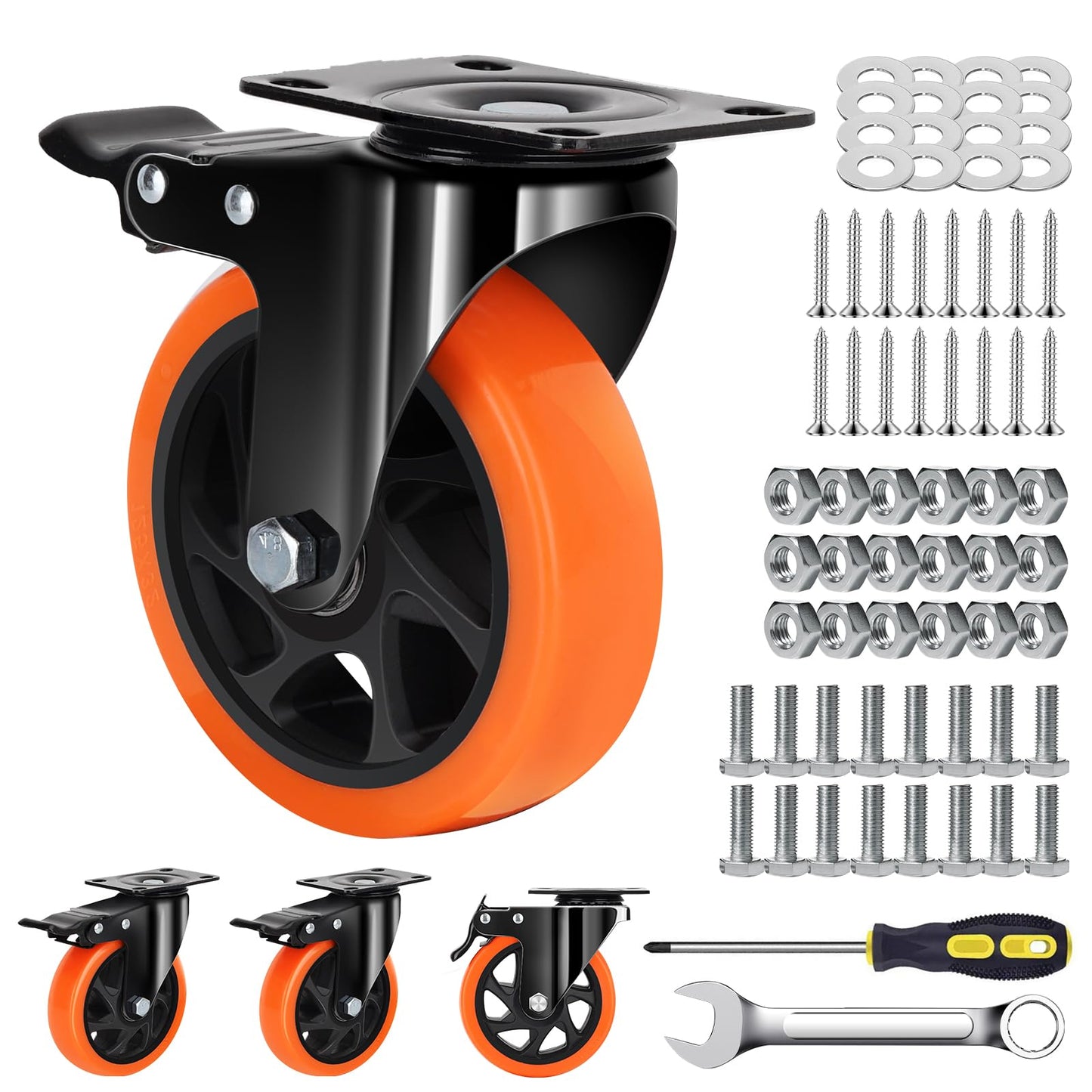 5 Inch Orange Heavy Duty Locking Caster Wheels Set of 4 – 2600LBS Total Capacity, PU Industrial Casters with Dual Brake for Workbench, Machinery & Warehouse Carts – Heavy Duty Industrial Use Only