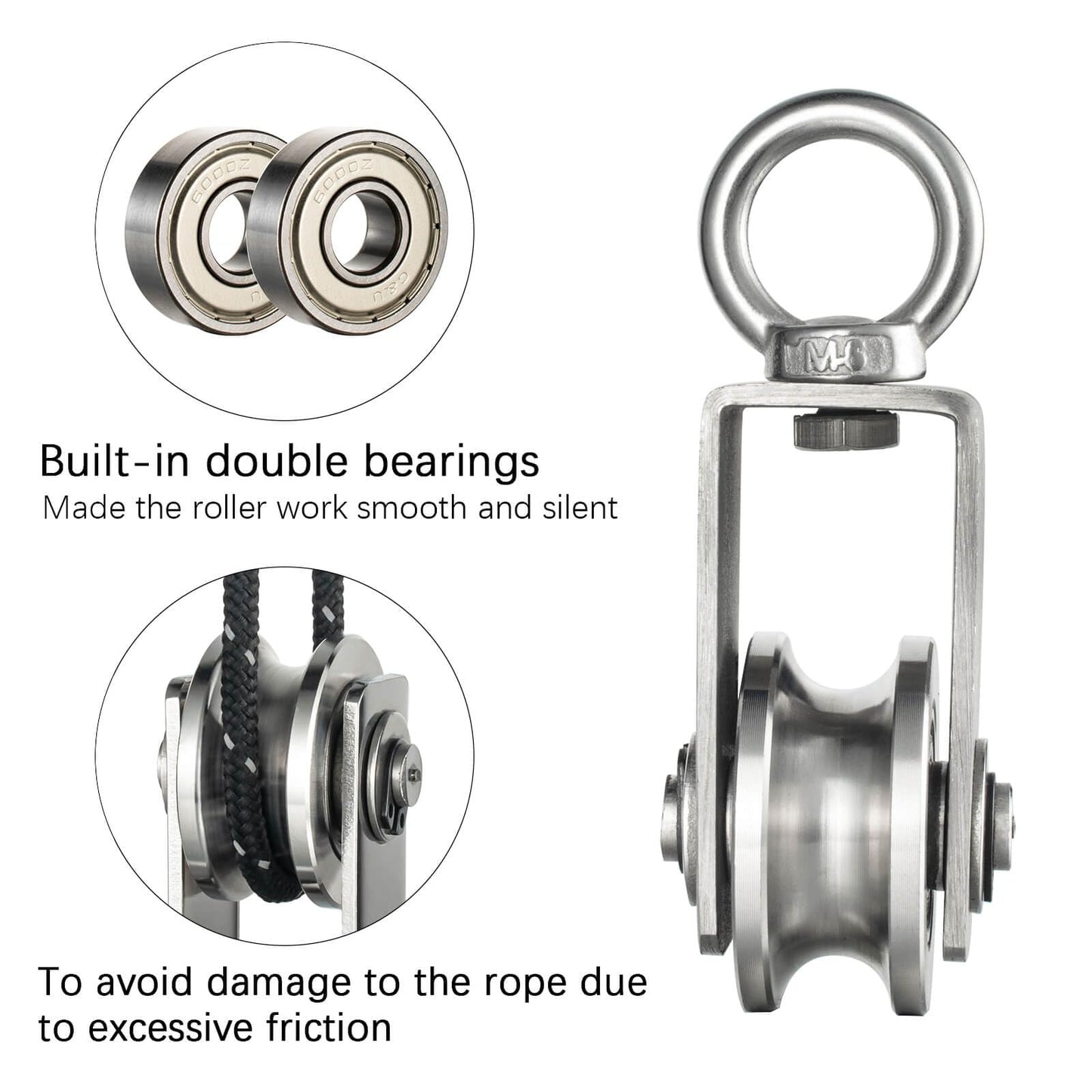 SHINICO Pulley Wheel with Carabiner, Bearing Inside, Stainless Steel, Rope Cable Pulley for Pulley System, 2 Pack