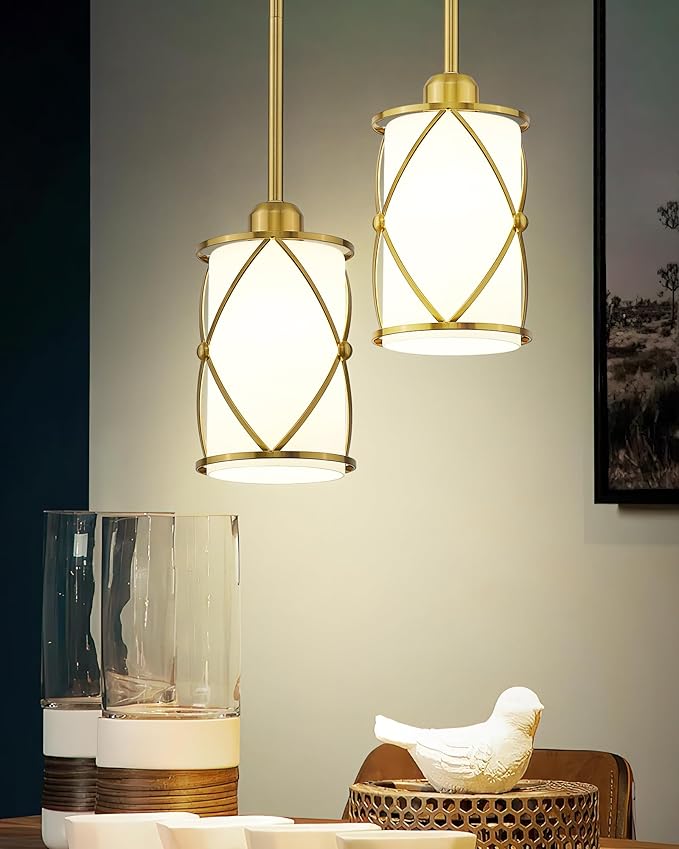 Brushed Gold Pendant Lights Kitchen Island, Modern 2 Pack Pendant Light with Frosted Glass, Farmhouse Mid Century Pendant Lighting for Dining Room, CH9176BGW-2PK