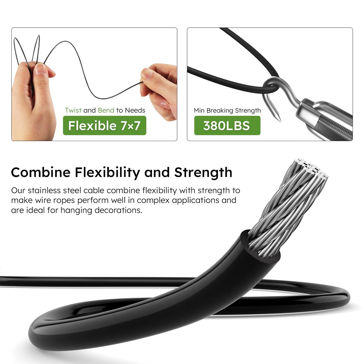 KALLSDY Black Vinyl Coated Wire Rope 1/16", 600FT 304 Stainless Steel Cable with 250PCS Aluminum Crimping Loop Sleeves for String Light Cable, Clotheslines, Trellis and Light Picuture Hanging