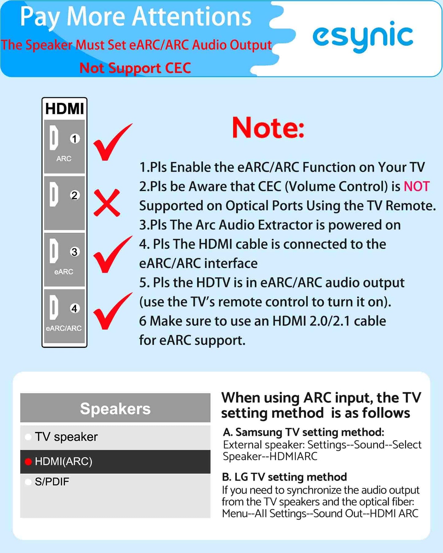 eSynic Professional eARC Audio Extractor-192KHz ARC to Optical Adapter-for HDTV ARC/eARC Ports to Optical Soundbar-Ultra Long 7ft Cable-Easy to Setup-Support PCM 2.0/Dolby 5.1/DTS 5.1 Audio Formats