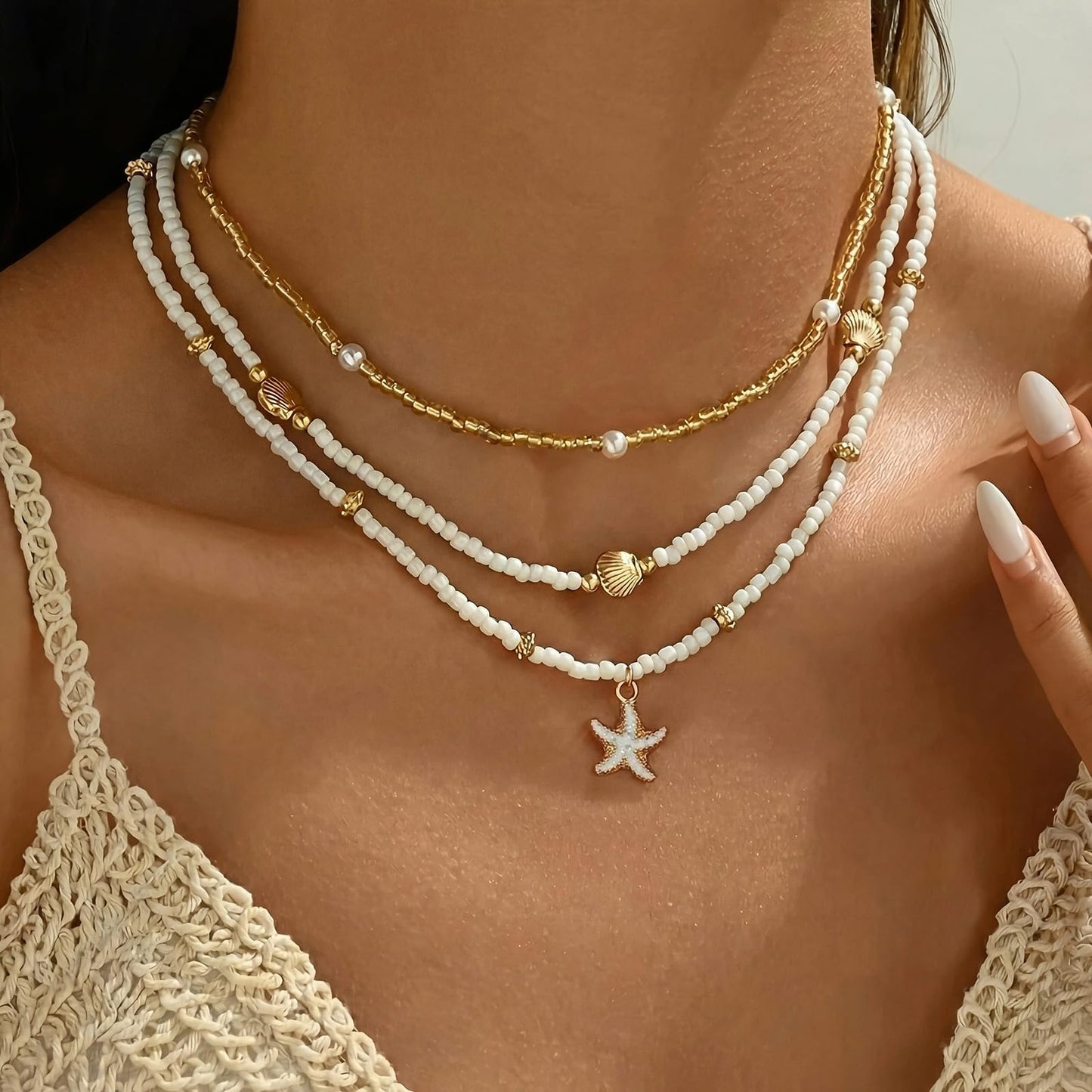 Shell Starfish Necklace for Women, 14k Gold Plated Boho Layered Beaded Charm Pendant Necklace, Dainty Adjustable Pearl Conch Summer Beach Vacation Jewelry Gifts(Starfish 3pcs)