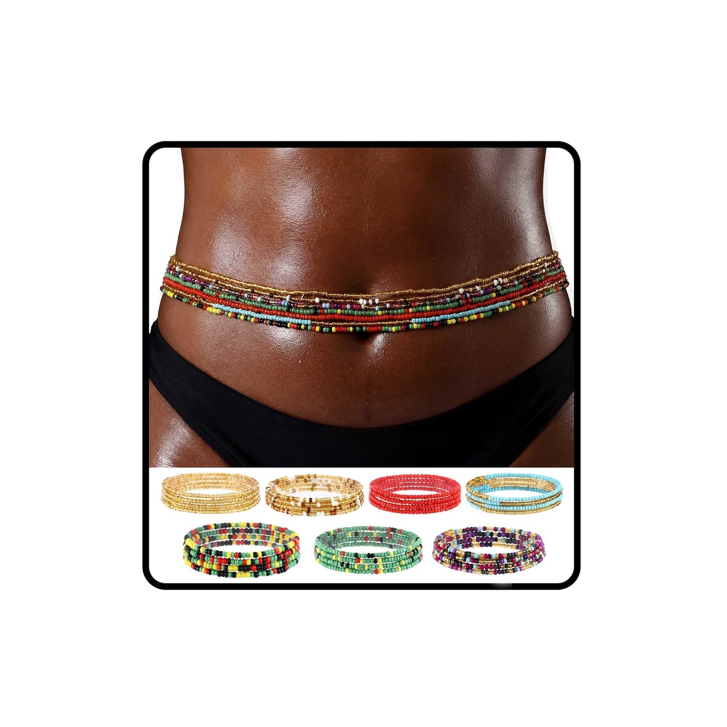 ELABEST Plus Size African Waist Beads Chain Layered Belly Body Chain Beach 7Pack Waist Jewelry Body Accessories for Women and Girls (47inch/120cm)