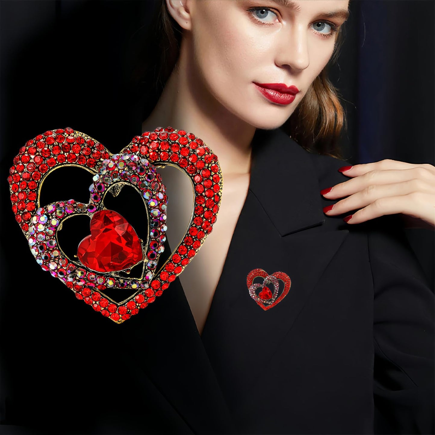 Yaximhozz 2pcs Rhinestone Brooch Pin for Women Dress Elegant Stylish Crystal Brooches Fashion Accessories Pins Lapel Boutonniere Ideas Wedding Christmas Birthday Jewelry Easter Gift (19 Red heart/Silver)