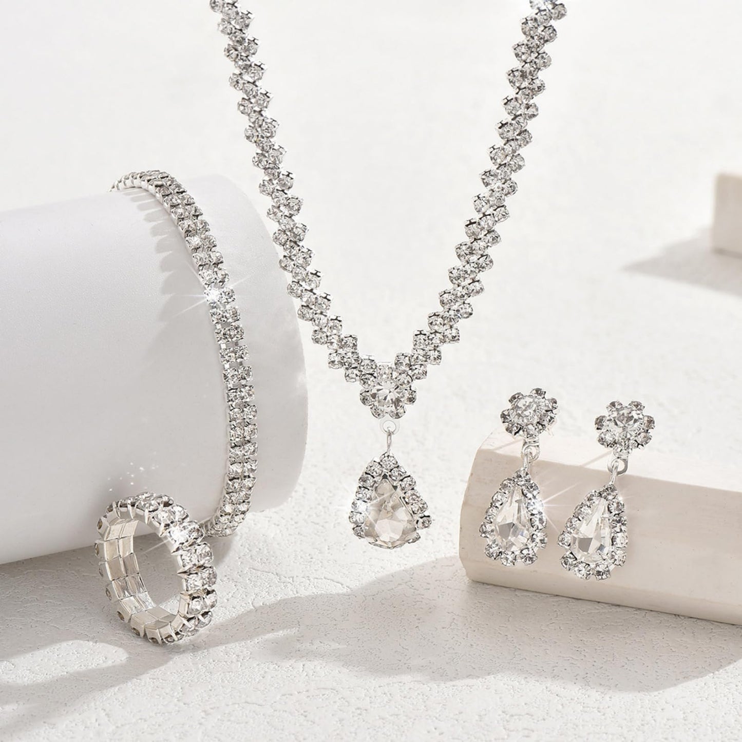 IS4U Rhinestone Water Drop Set for Women Bridal Wedding Vintage Colourful Crystal Zircon Statement Necklace Ring Earrings Bracelet Set Party Dress Ball Fashion Jewellery (Silver)