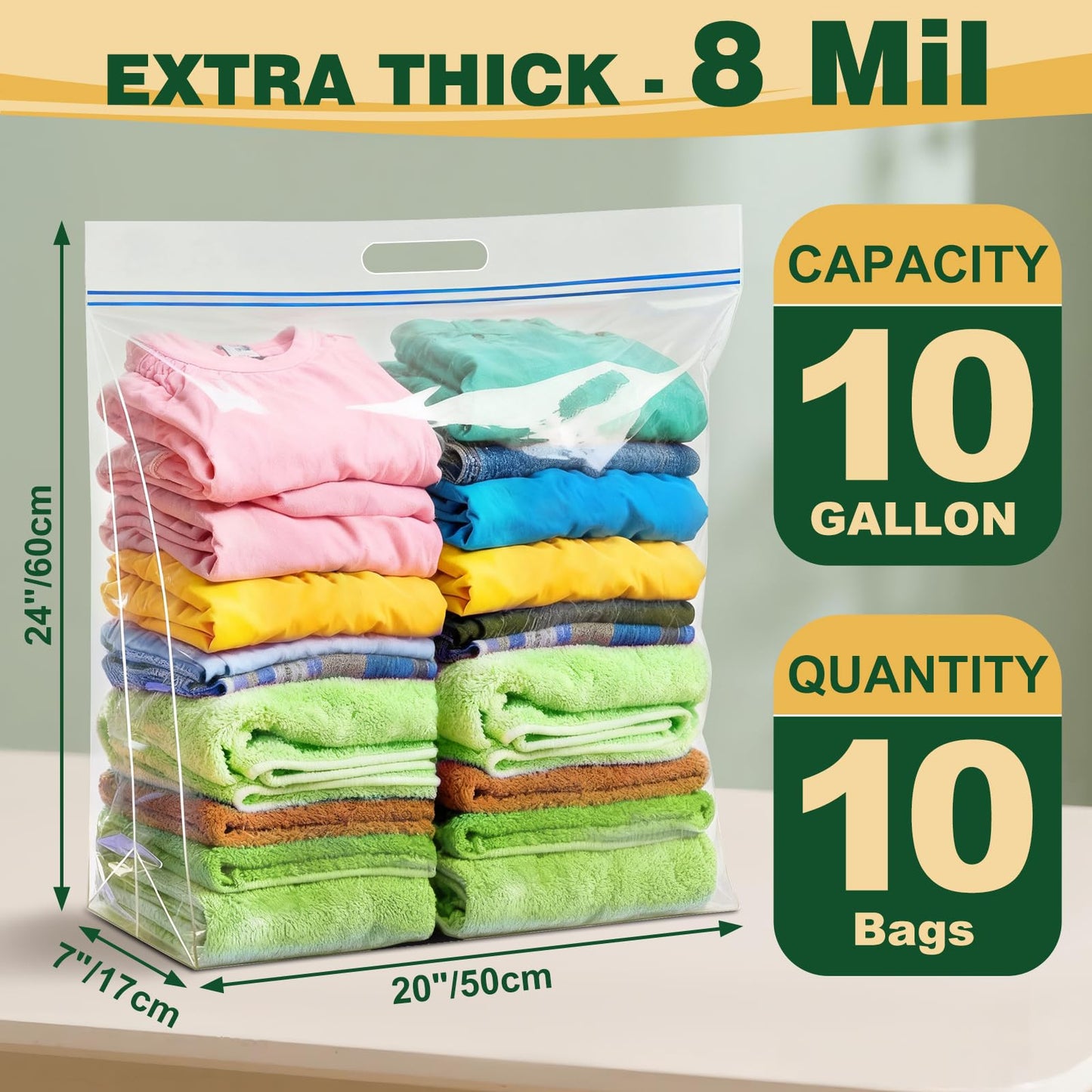 TUXIYA 10 PACK Extra Large Storage Bags, 10 Gallon 24"x20"x7", Resealable Clear Bags with Handle, XL Heavy Duty for Clothes Travel Moving, Double Zipper Seal, Expandable Bottom, Thick 8 Mils
