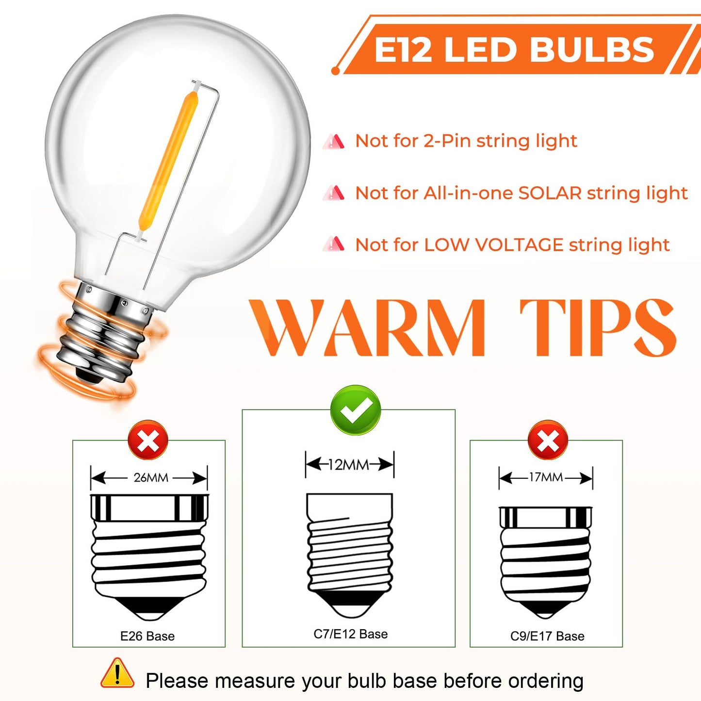 GvvooHome 70 Pack LED G40 Replacement Bulbs for String Lights, Shatterproof Plastic Globe Bulb for Indoor Outdoor Patio Decor, E12 Candelabra Socket Base, Warm White
