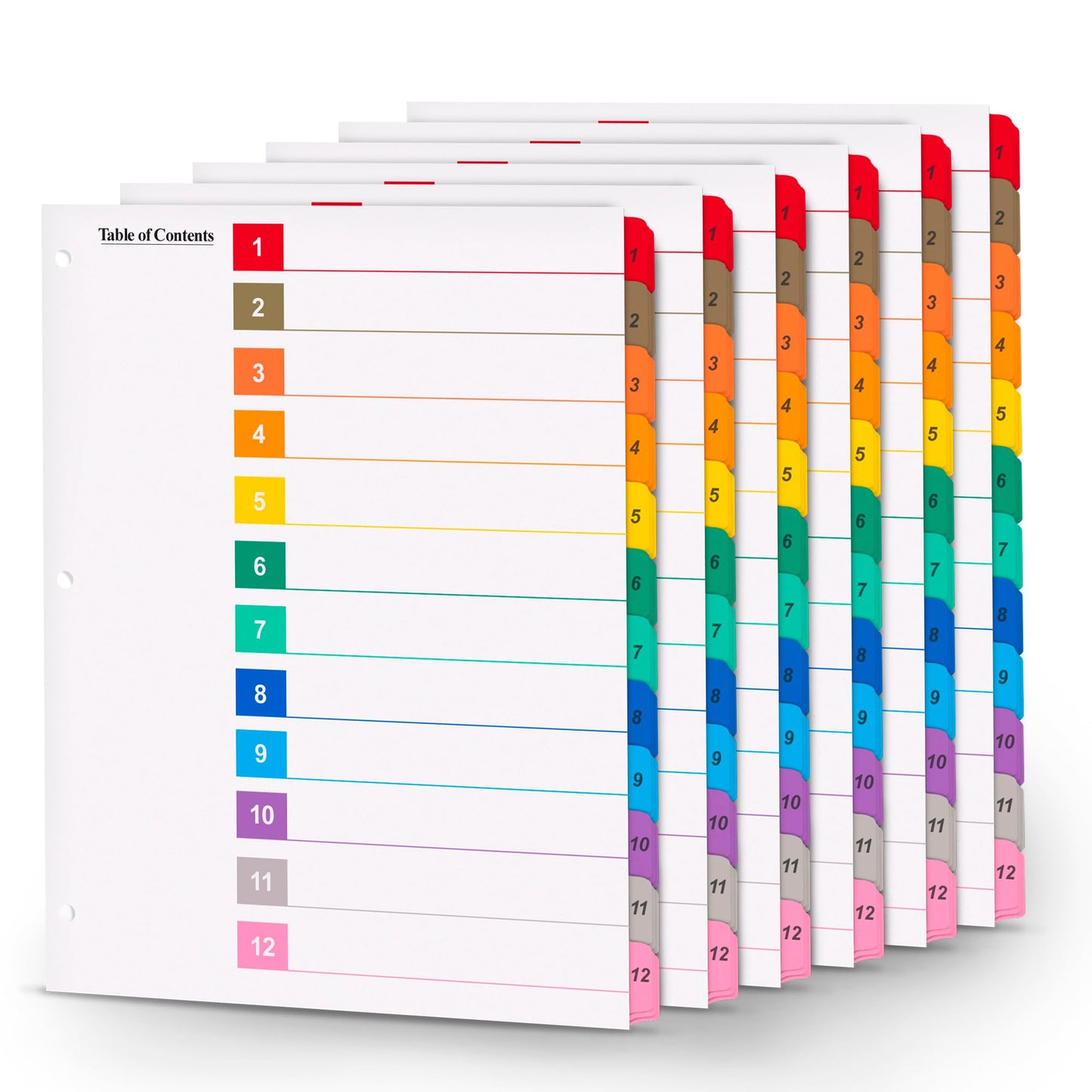 Tab Dividers for 3 Ring Binders – 6 Sets, 1–12 Numbered Index Dividers with Table of Contents – 8.5 x 11 in, 3-Hole Punched – Binder Dividers for School, Office, Filing, Organizing - 6 Pack