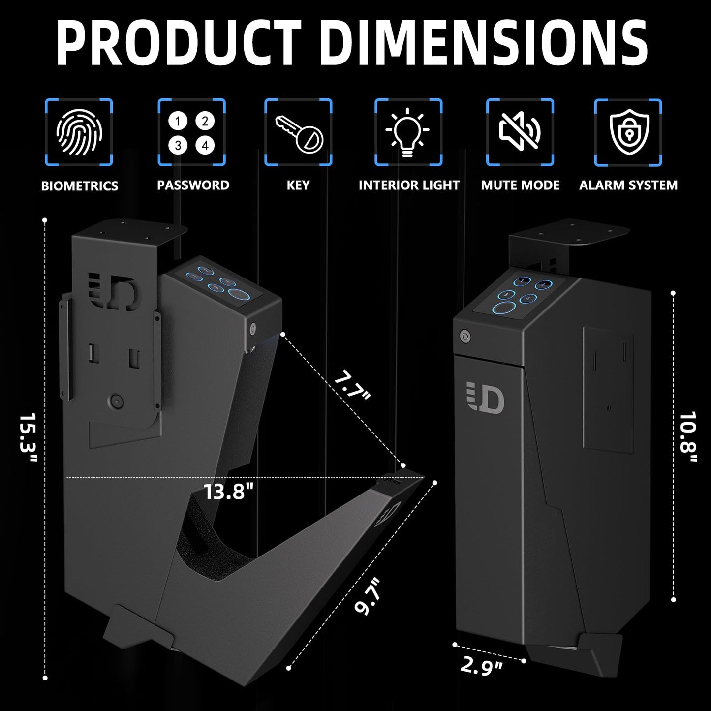 Urban Deco Gun Safe for Handgun Drop Down,Quick Access Pistol Safe Mounted Single Biometric Safes For Nightstand, Desk, Bedside,Vehicle Handgun Safe Auto Open - With Fingerprint, Pin Code, Key Access