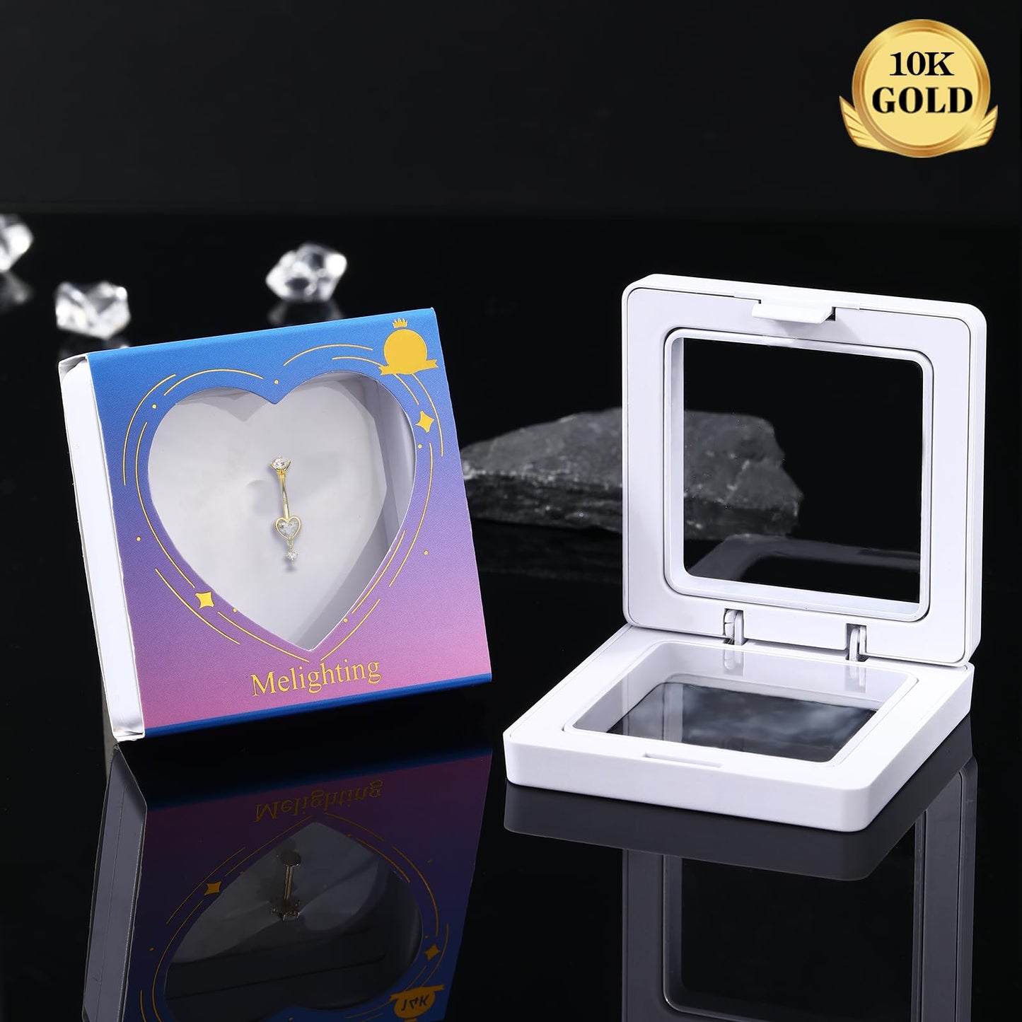 Melighting 10K Solid Gold Belly Button Ring Heart Belly Ring Gold Dangle Belly Piercing Jewelry 14G Navel Ring for Women