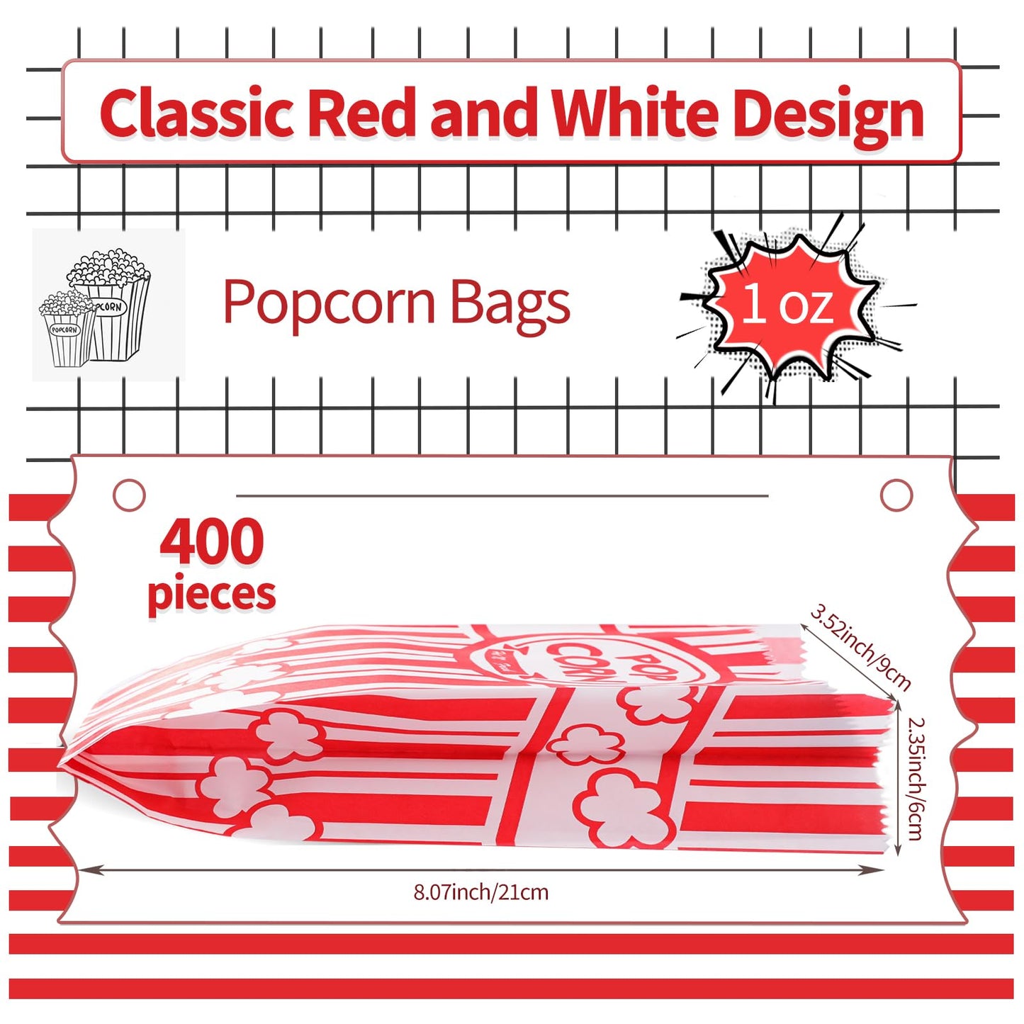 VOISEN Paper Popcorn Bags,400 Pack 1oz Popcorn Bag Individual Servings, Pop Corn Bag Bulk for Poporn Machine,Movie Nights Pop Corn Bags