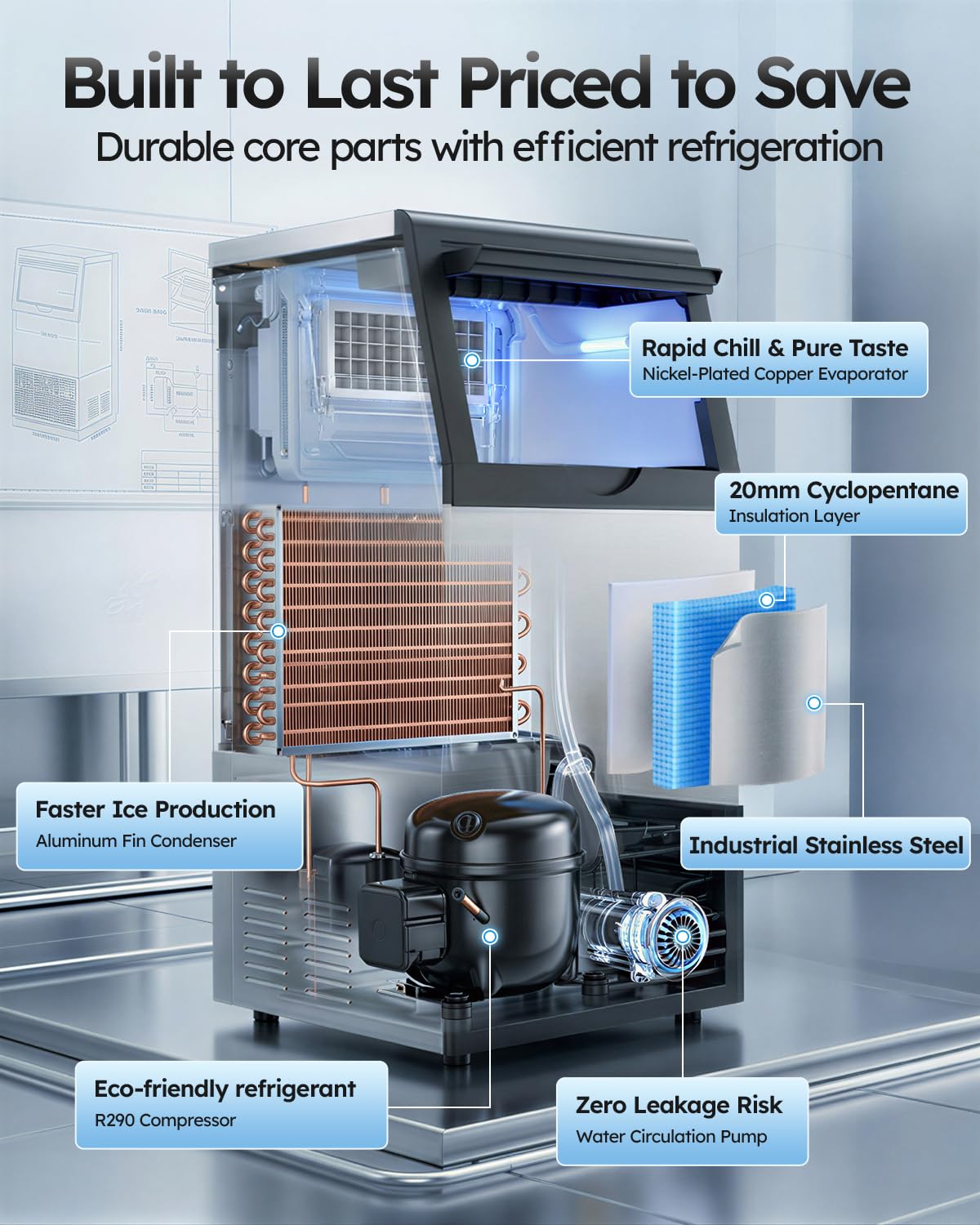 Mojgar Commercial Ice Maker Machine, 100lbs/24H with 33lbs Ice Storage Under Counter Ice Machine, Stainless Steel Built-in Freestanding Ice Maker Self-Cleaning for Home Bar