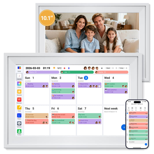 Yofidra 10.1" Digital Calendar, Smart Electronic Calendar with Chore Photo Meal Reward To-do Chart, Desk Planner for Family Schedule, Wifi Interactive Touchscreen Display with Stand, White