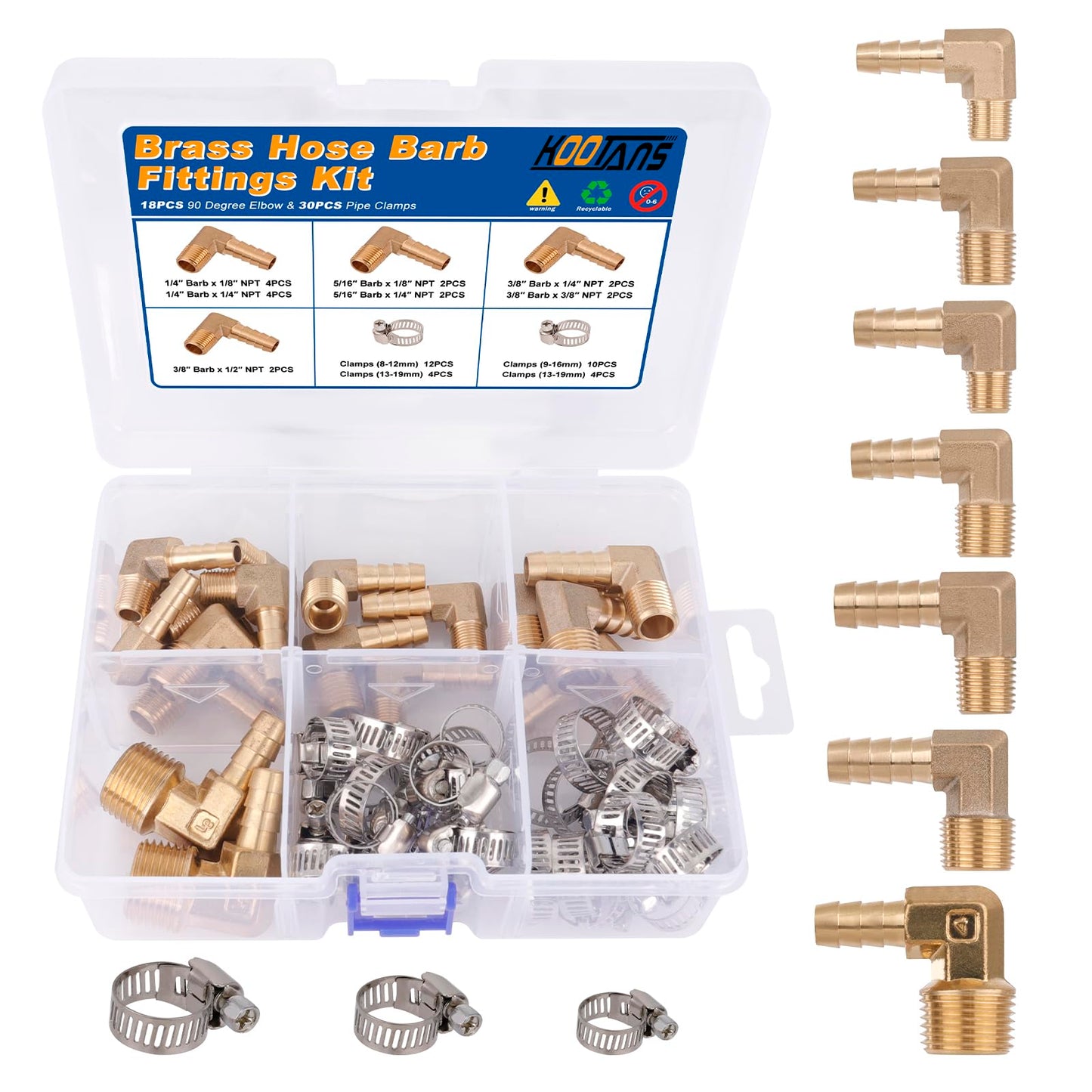 KOOTANS 18PCS Brass Hose Barb Fittings 90 Degree Elbow Barb to NPT Male Thread Adapter Kit 1/4" 5/16" 3/8" Barbed Air Hose Fittings with 30pcs Pipe Clamps for Water Fuel Air Line Connector Fitting