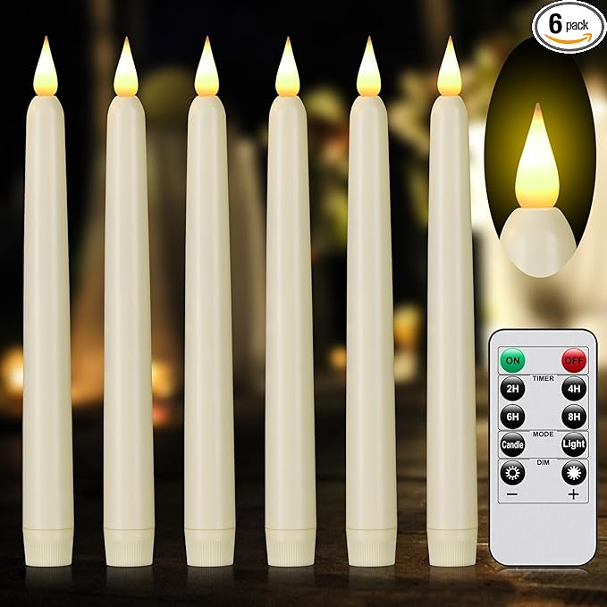 Flameless Taper Candles with Remote Control and Timer, Battery Operated LED Candlesticks with Flickering 3D Flame, 9.6×0.8 Inches Plastic Fake Candles for Christmas, Wedding and Home Decor (Ivory, 6)