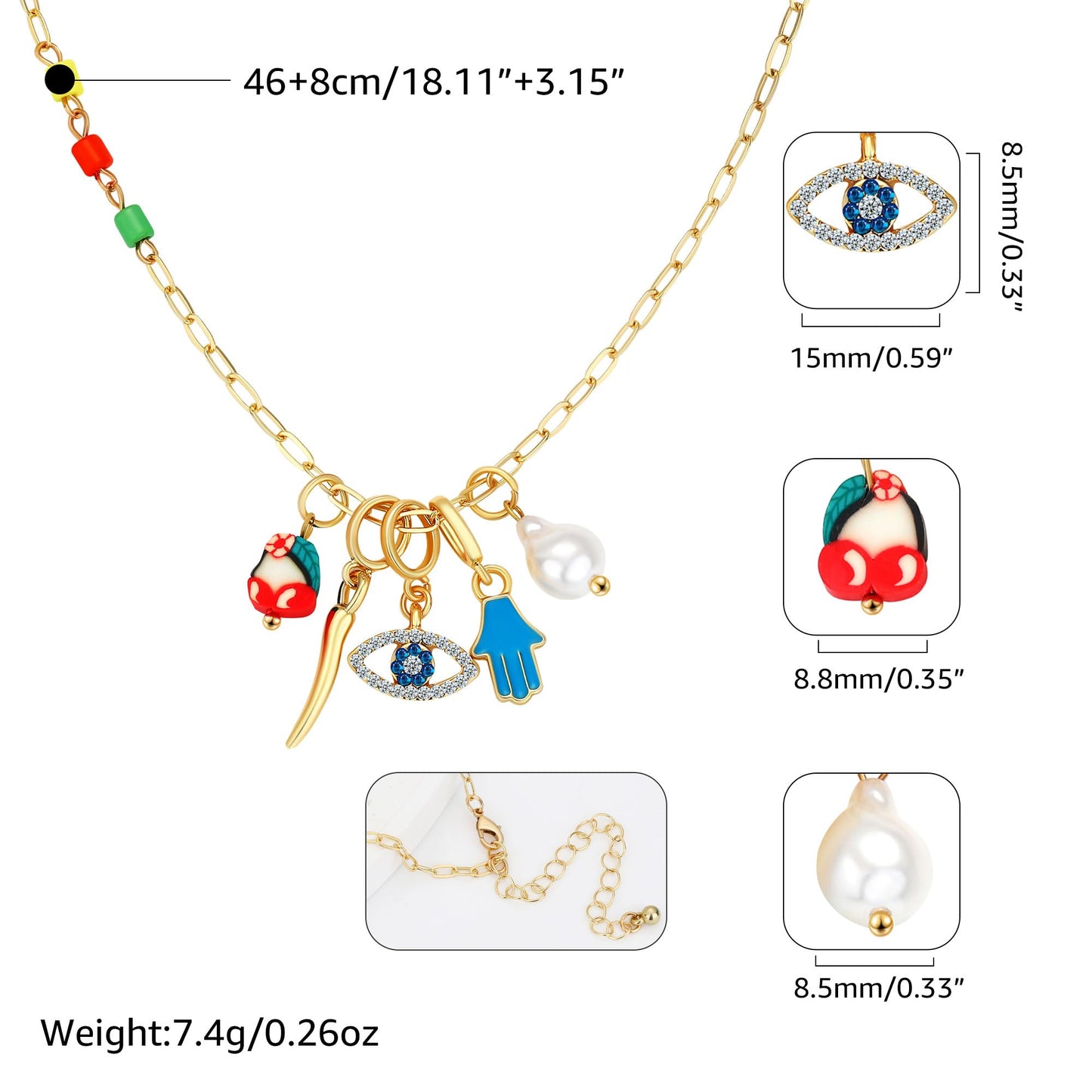 BONJOULRY Charm Necklace for Women Dainty Gold Evil Eye Pendant Protection Necklace Paperclip Chain Italian Horn Hamsa Hand Pearl Charms Necklaces Trendy Jewelry Tiny Eye