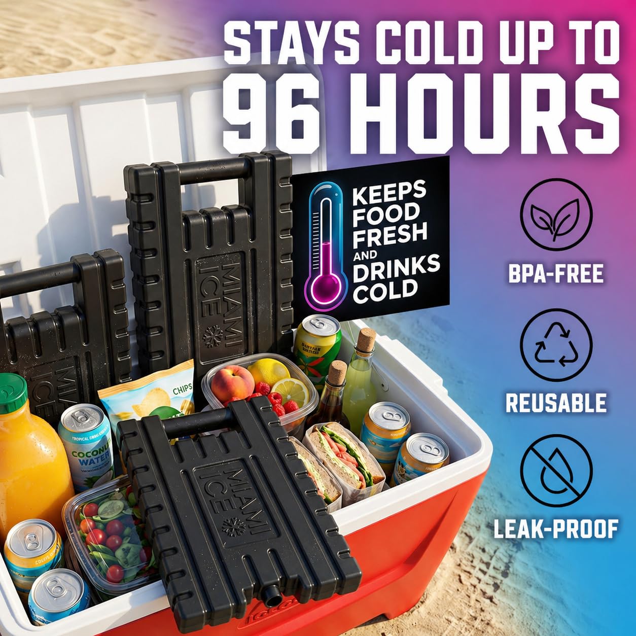 Miami Ice Reusable XL Cooler Ice Pack (12"x9") | Replaces 7 lbs of Ice, Stays Cold up to 96 Hours, BPA-Free, Built-in Handle, Large Frozen Ice Packs for Cooler (3-Pack)