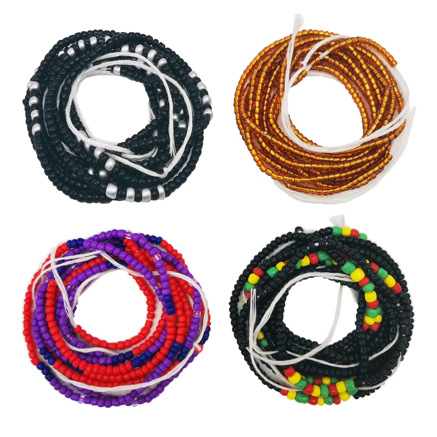 Teniinet 4PCS Glass 50” Handmade African Waist Beads for Women Non-Stretching(Tie-on)Multicolor
