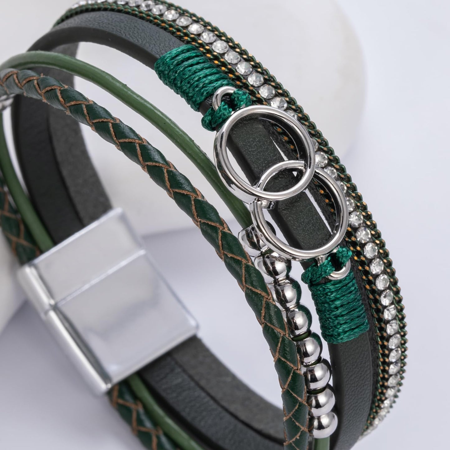FANCY SHINY Boho Leather Wrap Bracelet Stackable Beaded Infinity Chunky Cuff Bracelets with Magnetic Clasp Western Hippie Outfits Jewelry Gifts for Women(Olive Green)