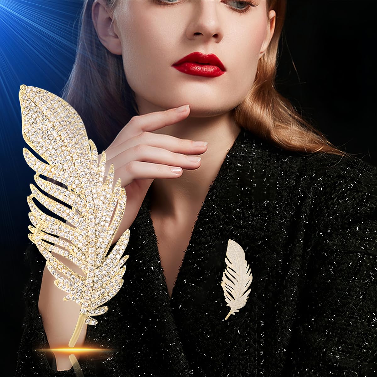 Yaximhozz 2pcs Rhinestone Feather Brooch Pin for Women Dress Elegant Stylish Crystal Brooches Fashion Accessories Pins Lapel Boutonniere Ideas Wedding Christmas Birthday Jewelry Easter Gift (01 Silver/Gold)