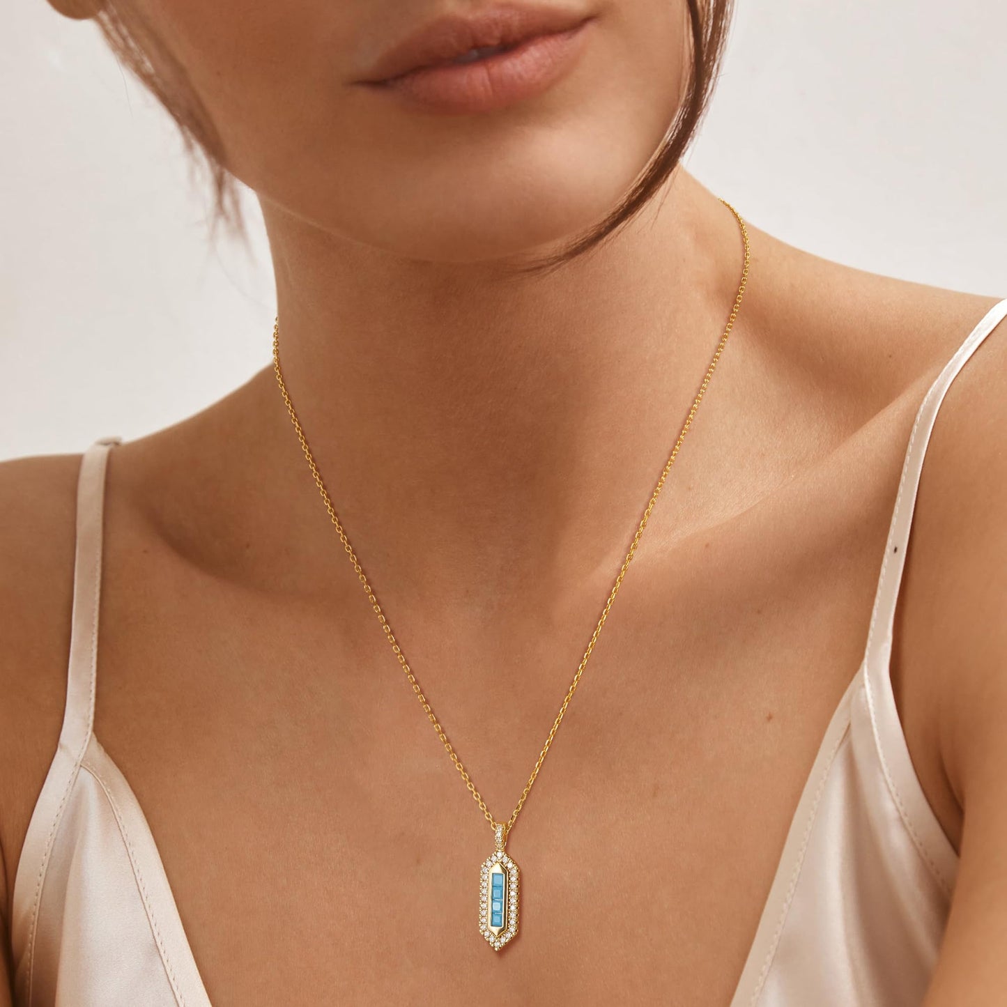 LOLAR RAY Geometric Shield Necklace 14K Gold Plated Turquoise & Cubic Zirconia Inlaid Pendant Adjustable Chain Stylish Gift for Women