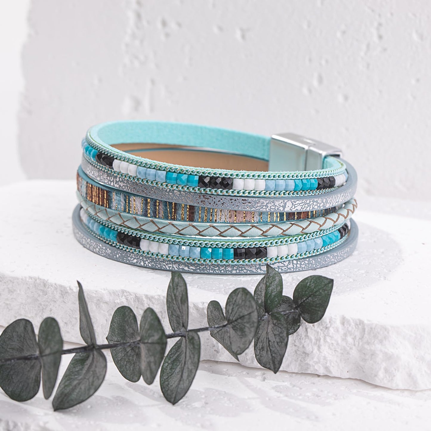 FANCY SHINY Boho Leather Wrap Bracelets Trendy Layered Bracelets with Magnetic Clasp Strackable Bohemian Cuff Jewelry Gifts for Women(Teal)