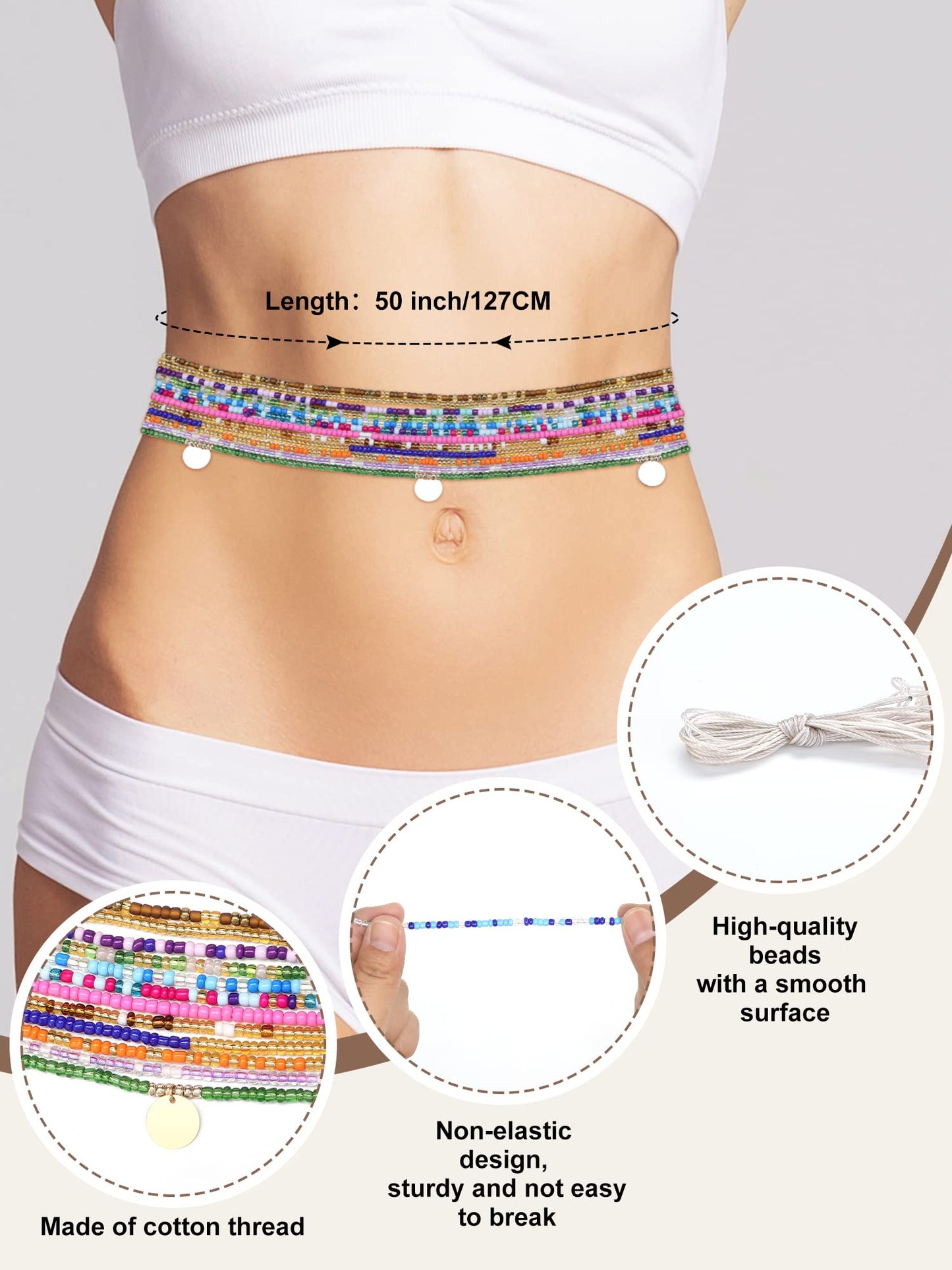 Fumete 12 Pcs Waist Beads Set Handmade African Belly Beads Chain Plus Size Body Jewelry Non Stretching Belly Chain for Women(Exotic,50 Inch)