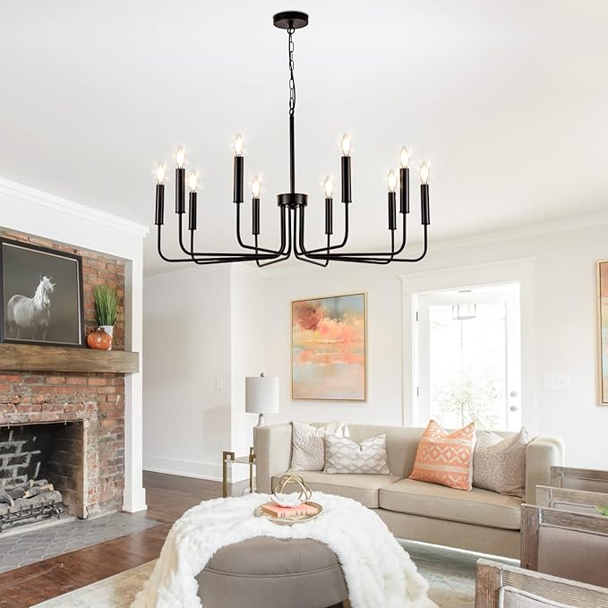 Farmhouse Candle Chandelier, 10 Light Rustic Black Ceiling Pendant Light Fixture, L-Arm Design Industrial Dining Room Hanging Lighting for Living Room, Entryway, Foyer, Kitchen Island