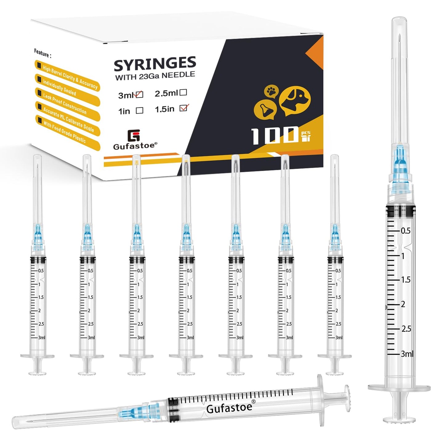 100Pack 3ml/cc with 23 G 1.5” Safety Individually Wrapped