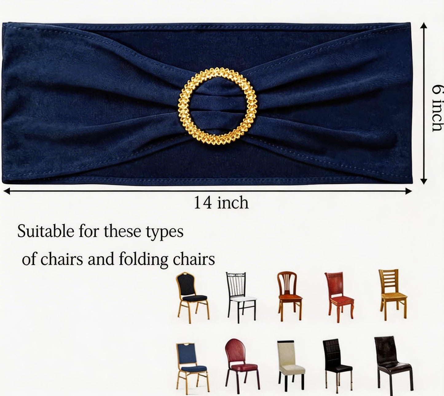 Pack of 50 Spandex Navy Blue Chair Sashes with Gold Buckles, Stretch Chairs Sashes for Wedding Party Baby Shower Ceremony Event Decorations Chair Bands Bows (Navy Blue Sashes, Gold Buckles)