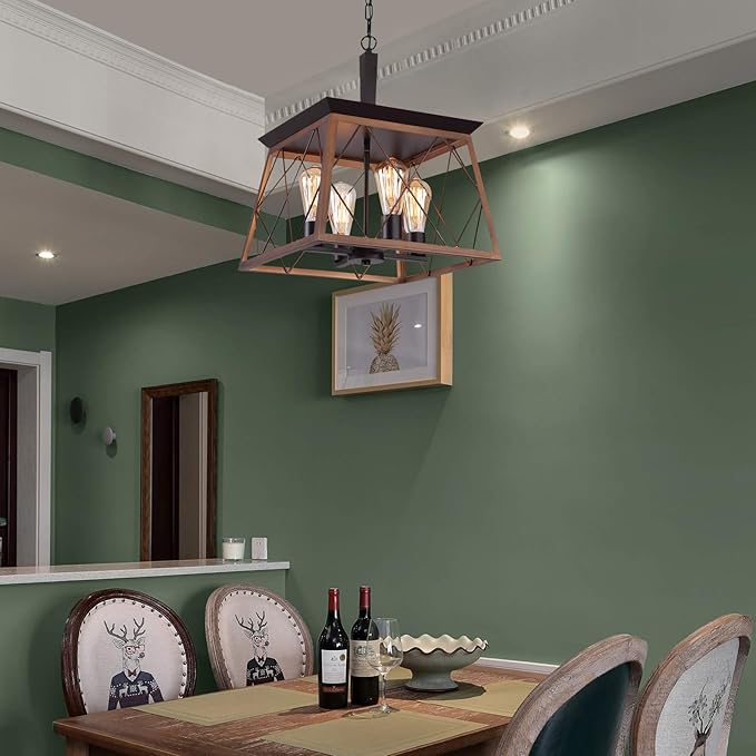Q&S Farmhouse Rustic Chandeliers,Antique Geometric Industrial Hanging Light Bronze 4 Lights for Dining Room Kitchen Island Entryway Foyer Restaurant UL Listed