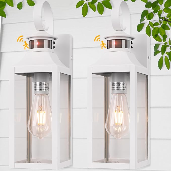 16" Motion Sensor Outdoor Wall Lights 2 Pack - White Dusk to Dawn Outdoor Lighting Wall Mount, Modern Exterior Light Fixtures, Waterproof Outside Lamps for House, Garage