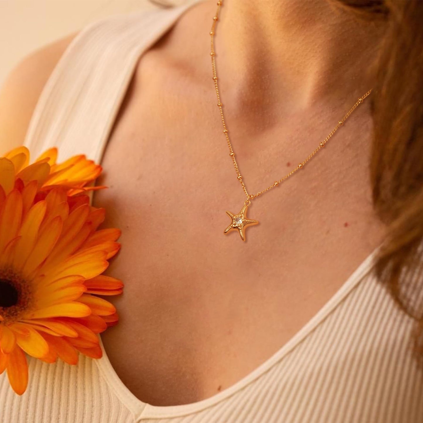 MTMY Gold Starfish Necklace 14K Gold Plated Shell Conch Ocean Pendant Necklace for Women Beach Summer Jewelry(Starfish)
