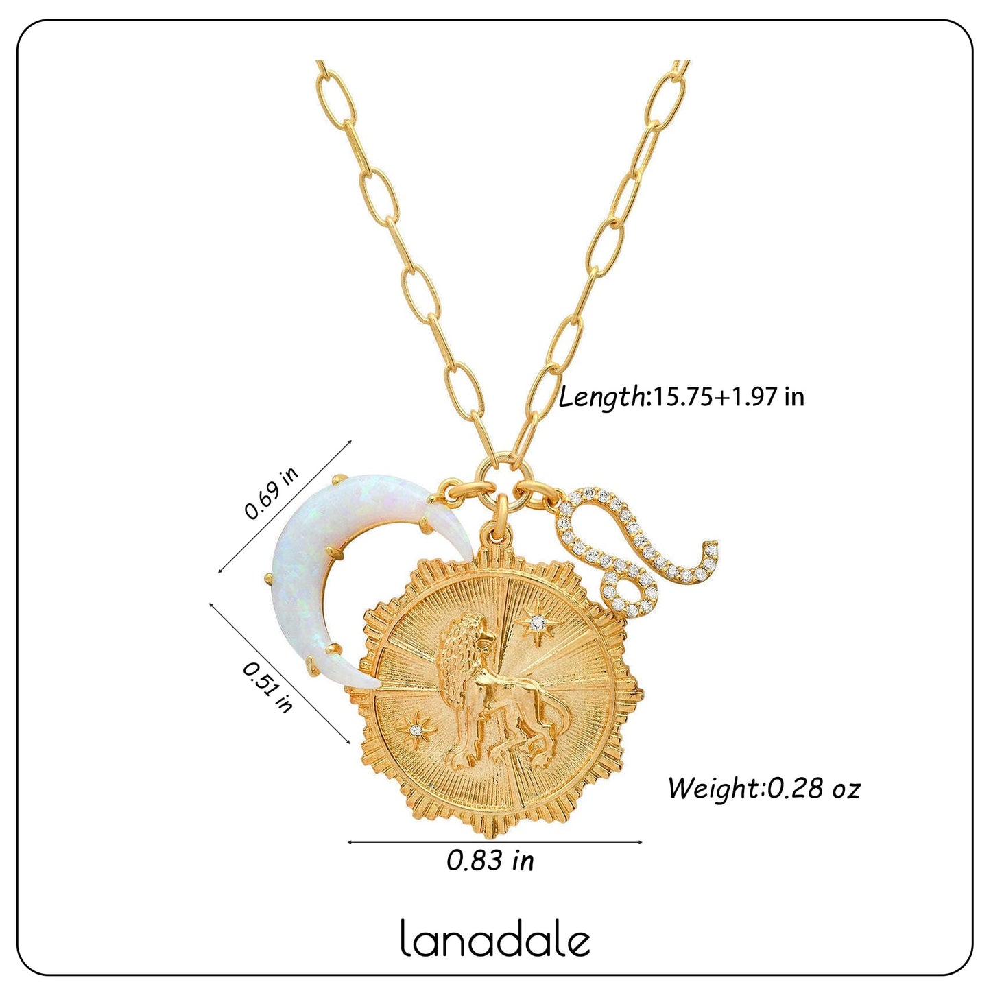 Lanadale Dainty Gold Leo Zodiac Coin Opal Crescent Moon Charm Necklace for Women Trendy 18K Gold Plated Retro Paperclip Chain 12 Constellation Horoscope Necklaces Astrology Jewelry Gifts