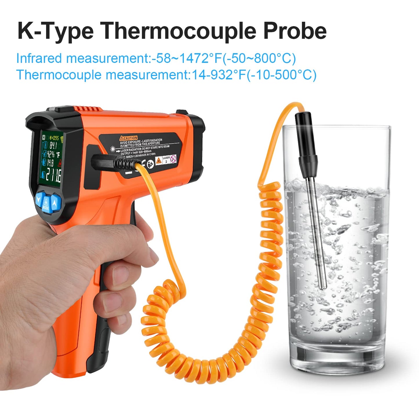 Infrared Thermometer Gun, Non Contact Digital Laser Thermometer Temperature Gun with Color LCD for Cooking, Home Repairs, Humidity Measurement, Adjustable Emissivity -58°F to 1472°F(-50~800°C)
