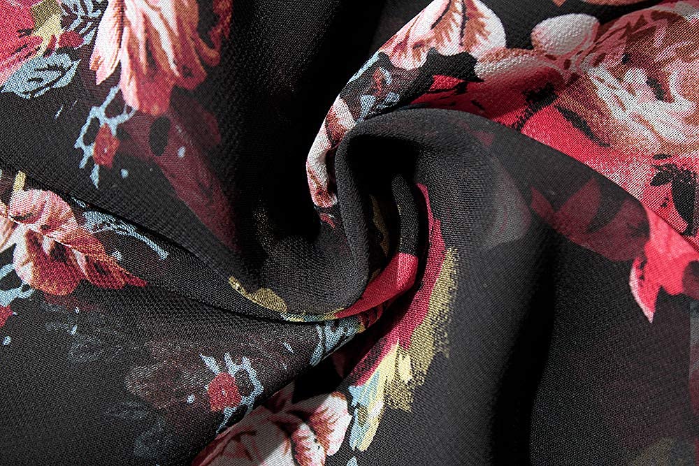 Women's Floral Print Puff Sleeve Kimono Cardigan Loose Cover Up Casual Blouse Tops(BLACK L)