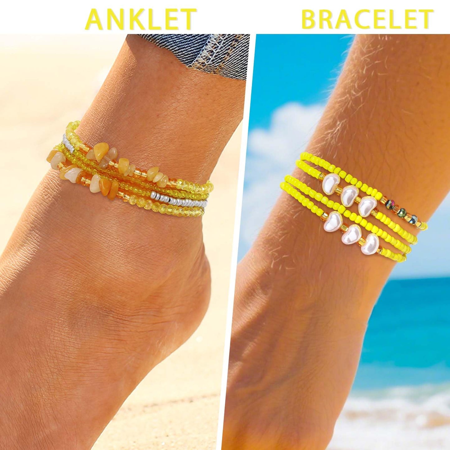 ELABEST Adjustable Handmade Waist Beads Stretchy 23-52 inch 8Pcs Chakra Body Belly Beaded Women Waist, Anklet, Bracelet, Necklace Jewelry with Screw clasp (Yellow, 39.3inch/100cm)