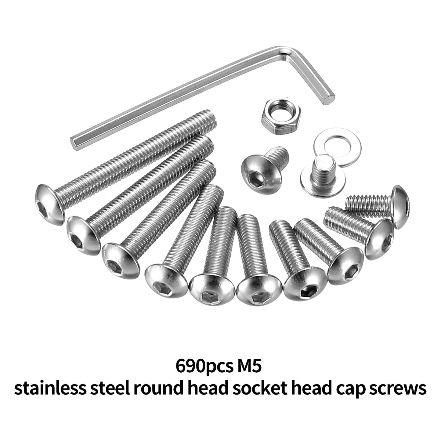 690 Pcs M5 Nuts and Bolts Assortment Kit, Pan Head Machine Screws and Nuts, Stainless Steel Hex Button Head Socket Cap Screws Bolts and Washers, Metric Screw Assortment, Fully Threaded