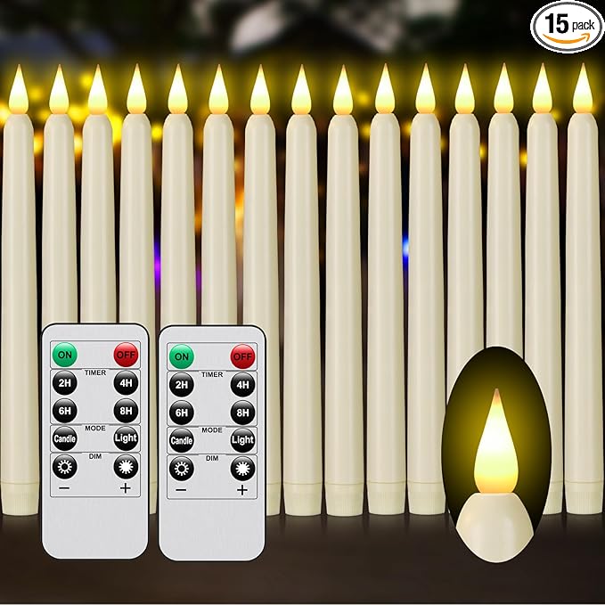 Flameless Taper Candles with Remote Control and Timer, Battery Operated LED Candlesticks with Flickering 3D Flame, 9.6×0.8 Inches Plastic Fake Candles for Christmas, Wedding and Home Decor (Ivory, 15)