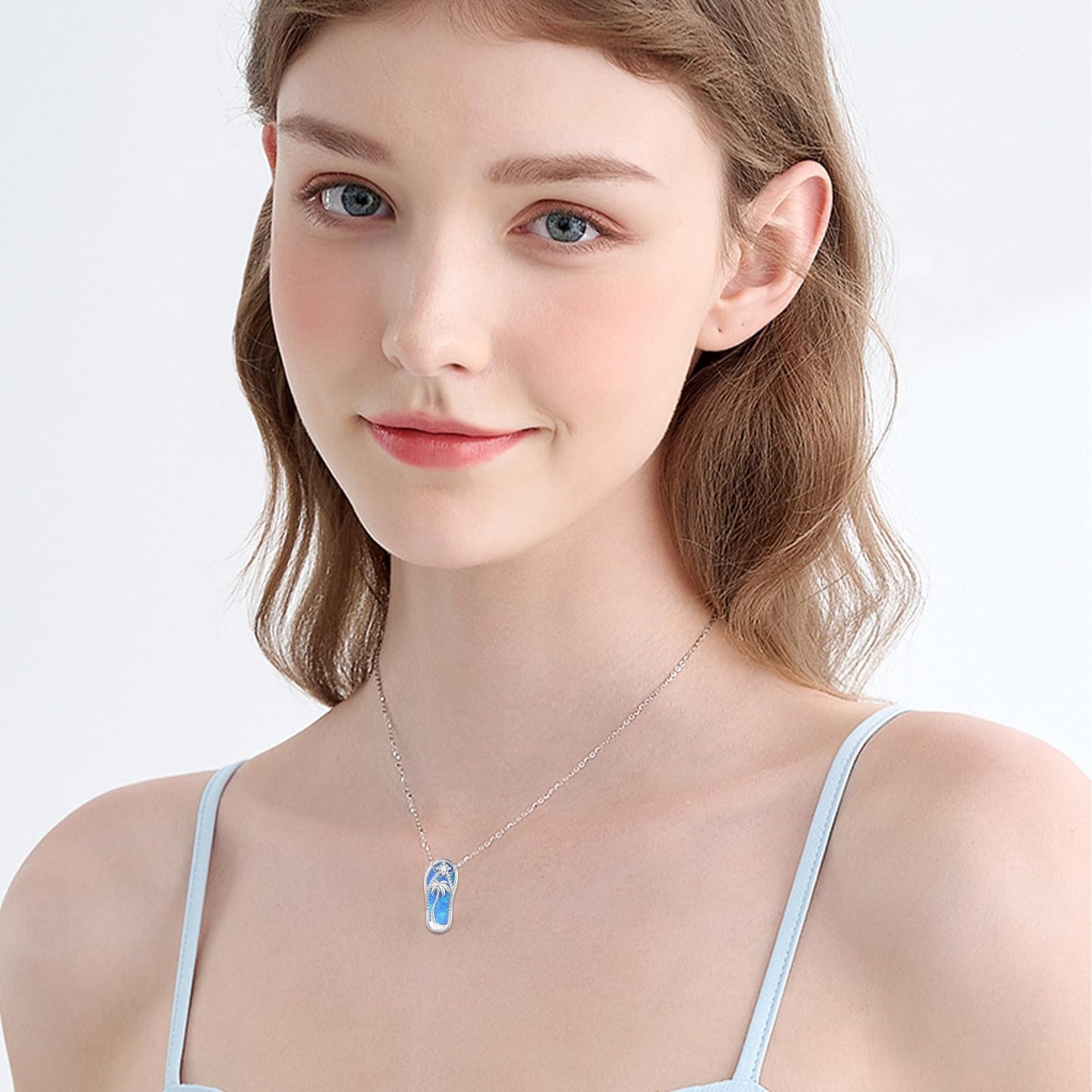 Midir&Etain Flip Flop Necklace 925 Sterling Silver Palm Tree Pendant Beach Blue Opal Necklace Flip-Flop Opal Jewelry for Women Prime