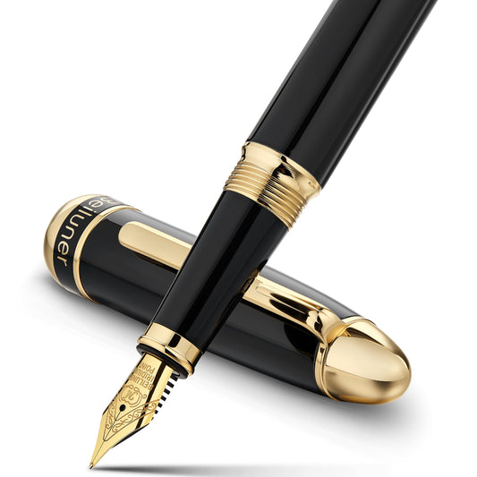 BEILUNER 315 Black Fountain Pen,Stunning Luxury Pens with 24K Gold Accents, Gorgeous 24K Gilded Nib(Medium), Ink Converter,Fancy Pen Gift for Men&Women-Elegant, Office, Reliable, Nice Design