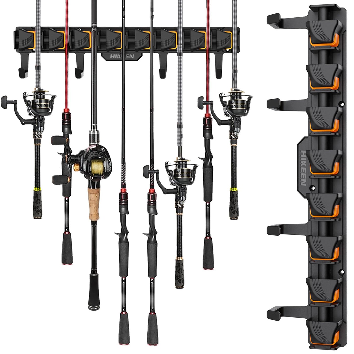Hikeen Fishing Rod Holders, Wall Mounted Fishing Rod Rack, Fishing Pole Holder Holds Up to 8 Rods or Combos, Fishing Rod Holders for Garage with 4 Hooks, Fits Most Rods of Diameter 3-24mm(1Pack)