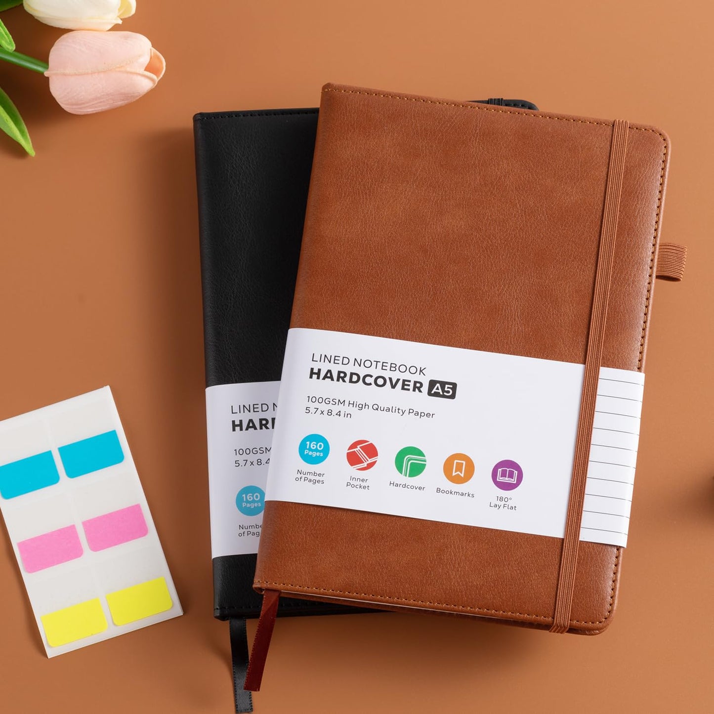 Lined Journal Notebook, A5 (5.7'' x 8.4"), 2 Pack Journaling Notebooks for Women Men Writing Work, Leather Hardcover, 160 Pages per Note Book, 100GSM Thick Paper, School Office Supplies, Black & Brown