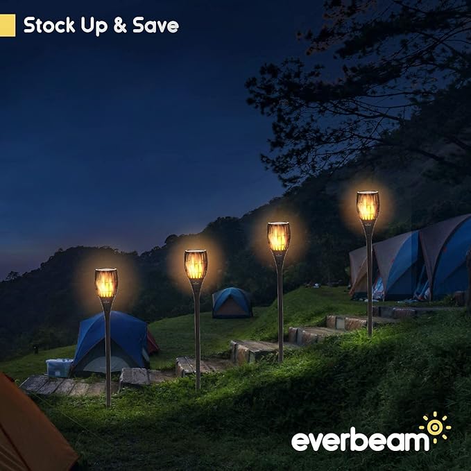 Everbeam P1 Solar Torch Light with Flickering Flame - Our Waterproof Outdoor Solar Tiki Torches Come Equipped with 96 LED Bulbs That Create A Stunning Realistic Fire Effect - 4 Pack