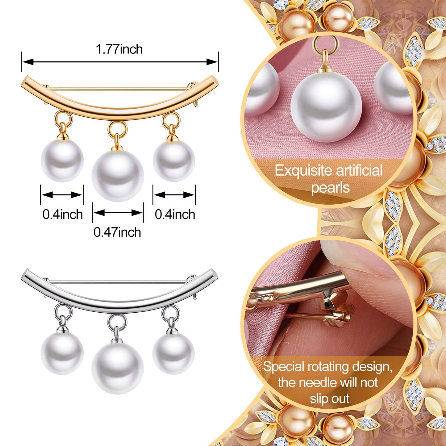 WILLBOND 2 Pieces Artificial Pearl Brooch Pins Anti-Exposure Neckline Safety Pins Faux Pearl Sweater Shawl Clips for Women Wedding Party Decorations (Gold and Silver)