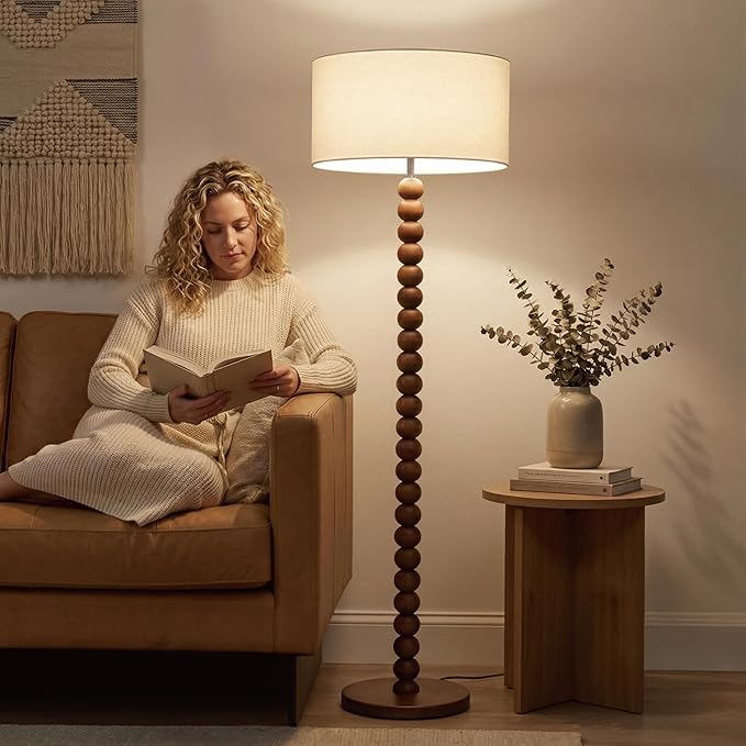 Buruis 61" Beaded Wood Floor Lamp with 17.2" Large Linen Shade, UL Listed, Retro Mid-Century Accent Walnut Finish Standing Lamp for Living Room, Bedroom, Office, Corner, Beige