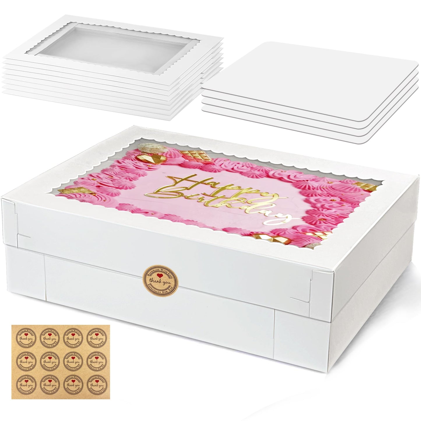 MUMULULU 4 PCS 19x14x4 Inch Cake Boxes with Cake Board White Sheet Rectangular Bakery Boxes with Window for Donuts Cookies Dessert Cupcakes Pastry Baking Pie Packaging