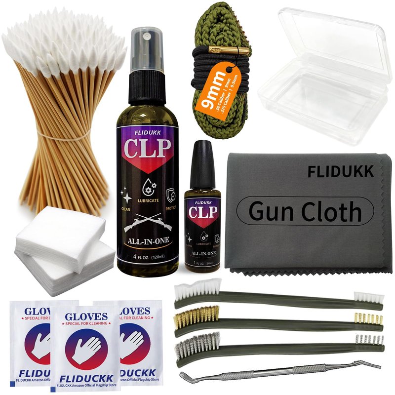 FLIDUKK 9mm Bore Cleaner+ 5oz CLP Oil (Needle+Spray) Gun Cleaning Kits,Gun Cleaning Supplies with Bore Cleaning Snake,Gun Cleaning Patches,6-inch Long Swabs,Gun Brushes,Metal Pick,Gun Cloth,Glove,Box