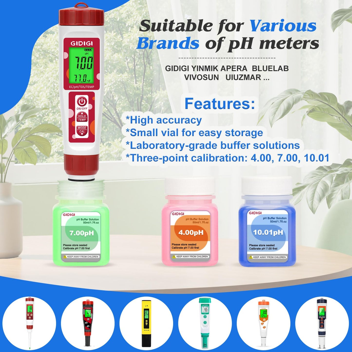 GIDIGI pH Meter Calibration Solution Kit, pH Buffer Solution 4,7,10 50ml*6 and KCL pH Probe Storage Solution 50ml*2, pH Pen Storage Solution for Accurate Calibration of All pH Testers