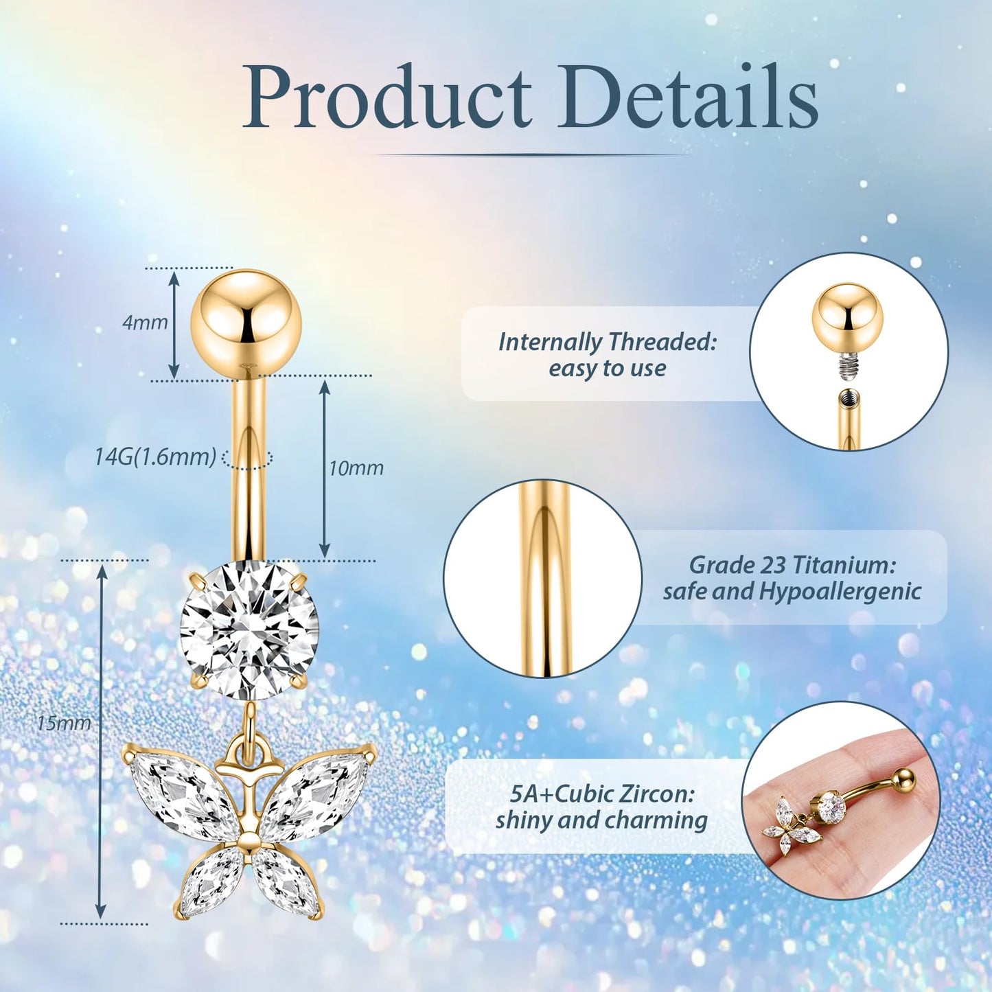PEAKLINK 14G Belly Button Ring 10mm Dangle Belly Jewelry Gold Internally Threaded Navel Ring for Women Titanium Curved Belly Barbell with Butterfly CZ Navel Bars